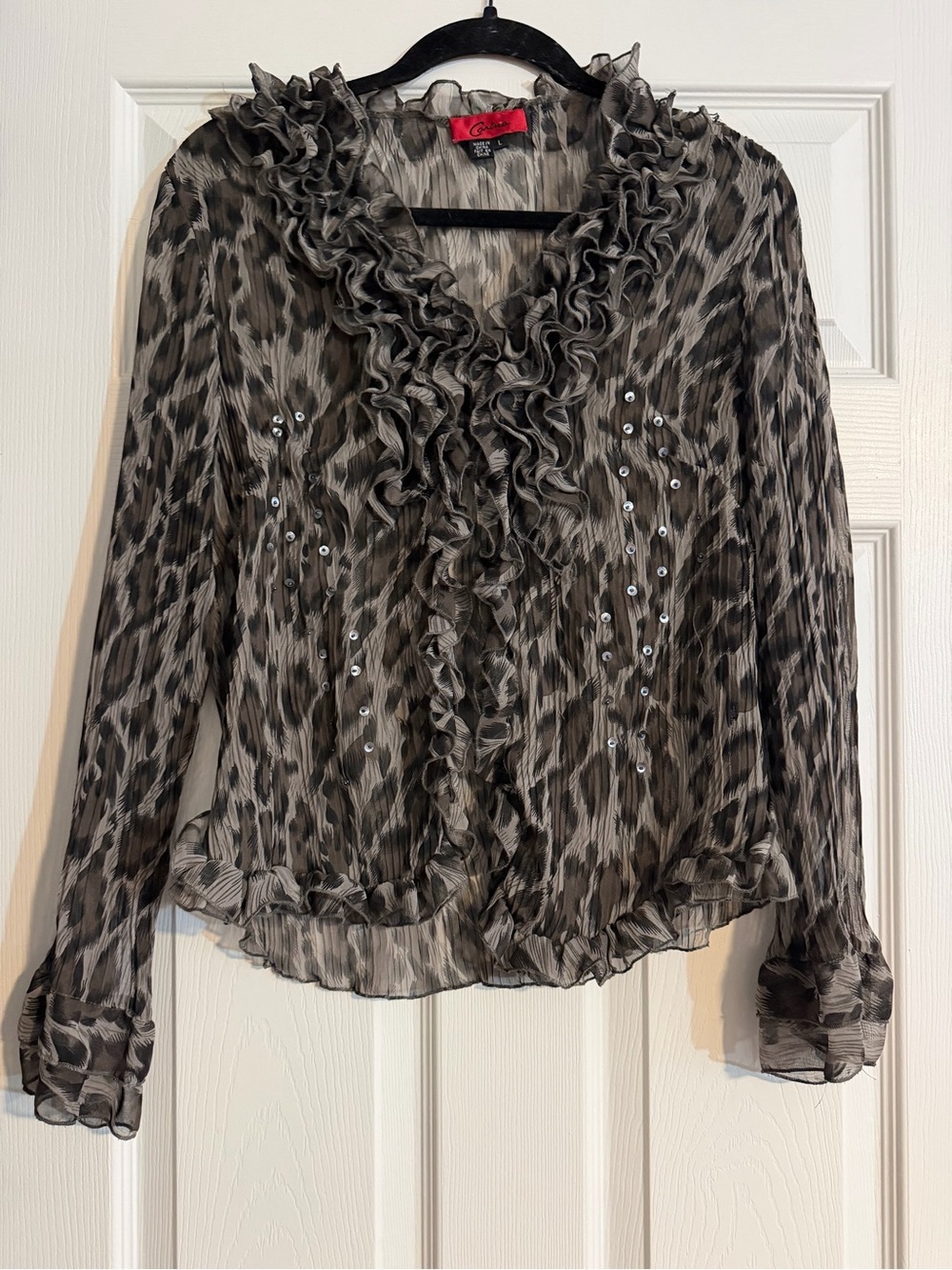 Carina Leopard Print Sequin Ruffled Pleated Long Sleeve Button Down
